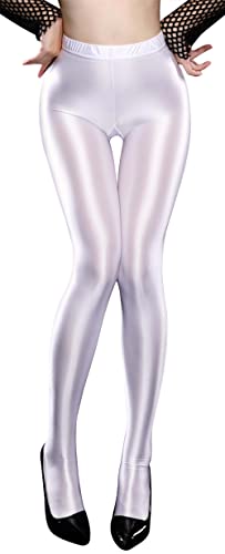 FEOYA Damen Wet Look Glänzende Metallic Leggings Glänzende Tanz Leggings Damen High Waisted Leggings Glänzende Tights Stretch Schimmernde Shaping Tanz Strumpfhose Wet Look Pants Weiß M von FEOYA