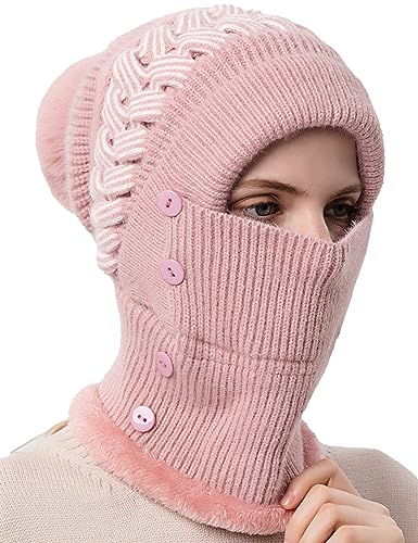 FEOYA Damen Winter Balaclava 2 in 1 Strickmütze Gestrickte Mütze Maske Set mit Bommel Fleecefutter Winddichte Mütze Kälteschutz Skimütze B3 von FEOYA