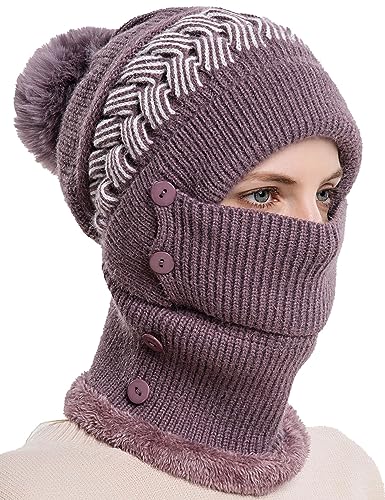 FEOYA Damen Winter Balaclava 2 in 1 Strickmütze Gestrickte Mütze Maske Set mit Bommel Fleecefutter Winddichte Mütze Kälteschutz Skimütze B6 von FEOYA