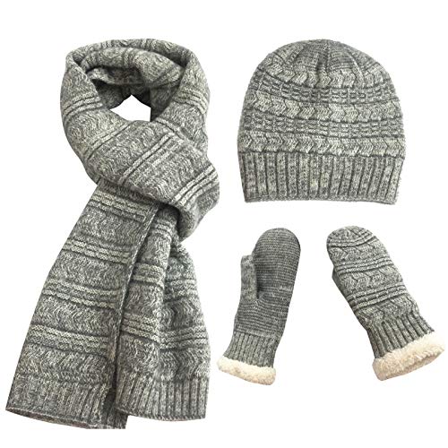 FEOYA Damen Winter Warme Gestrickt Mütze Schal Handschuhe Weich Strickset Wollmütze Geschenkset von FEOYA