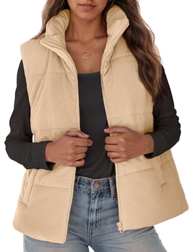 FEOYA Damen Winter Weste Kurz Übergangsweste Stehkragen Pufferweste Daunenmantel Ärmellose Winterjacke Warm Steppweste Beige XXL von FEOYA