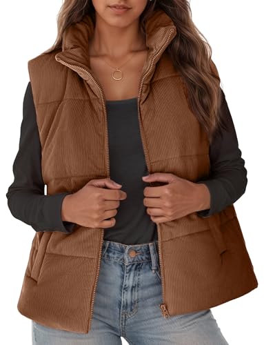 FEOYA Damen Winter Weste Kurz Übergangsweste Stehkragen Pufferweste Daunenmantel Ärmellose Winterjacke Warm Steppweste Braun XXL von FEOYA