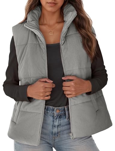 FEOYA Damen Winter Weste Kurz Übergangsweste Stehkragen Pufferweste Daunenmantel Ärmellose Winterjacke Warm Steppweste Grau XL von FEOYA