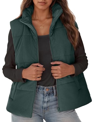 FEOYA Damen Winter Weste Kurz Übergangsweste Stehkragen Pufferweste Daunenmantel Ärmellose Winterjacke Warm Steppweste Grün M von FEOYA