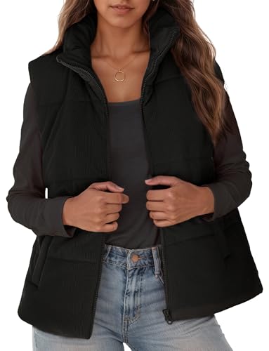 FEOYA Damen Winter Weste Kurz Übergangsweste Stehkragen Pufferweste Daunenmantel Ärmellose Winterjacke Warm Steppweste Schwarz L von FEOYA