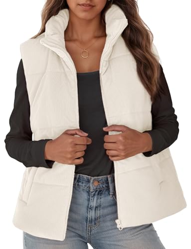 FEOYA Damen Winter Weste Kurz Übergangsweste Stehkragen Pufferweste Daunenmantel Ärmellose Winterjacke Warm Steppweste Weiß L von FEOYA