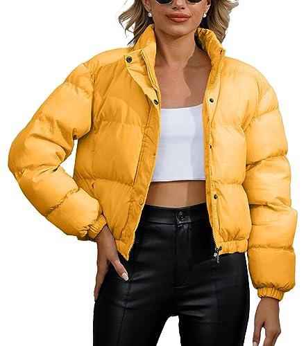 FEOYA Damen Winterjacken Crop Pufferjacke Langarm Reißverschluss Oberbekleidung Leichter Kurzer Wärmemantel Jacke Gelb L von FEOYA