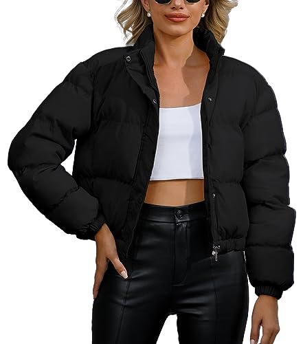 FEOYA Damen Winterjacken Crop Pufferjacke Langarm Reißverschluss Oberbekleidung Leichter Kurzer Wärmemantel Jacke Schwarz S von FEOYA