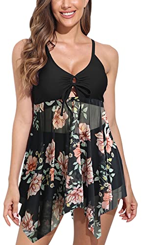 FEOYA Damen Zweiteilige Tikinis Set Retro Kleid Badeanzug Bademode Shorts Oberteil Strandkleidung Strandmode Tankini Top Hose - L von FEOYA