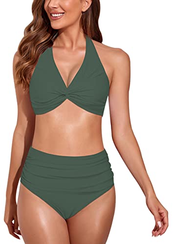 FEOYA Damen Zweiteiliger Bikini mit Slip Set Elegant Badeanzug Strand Schwimmanzug Outdoor Badebekleidung Hersteller XXL/DE-Größe 50-52 - Grün von FEOYA