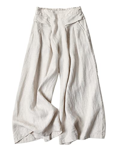FEOYA Damenhose aus Leinenmischgewebe hohe Taille Zigarrenhose weites Bein fließend lässig bauschig Frühling Sommer Herbst Größe 34-46 von FEOYA