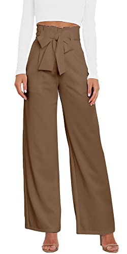 FEOYA Damenhose mit Weitem Bein aus Papiertüten Arbeit Büro Business Casual Palazzo Hose Hoch Taillierte Hose Khaki M von FEOYA