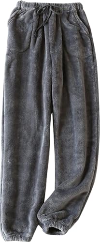 FEOYA Damne Warme Pyjamahose Lang Plüsch Flauschige Schlafanzughose Flanell Fleece Pyjama Hose Fuzzy Loungewear Haushose Grau L von FEOYA