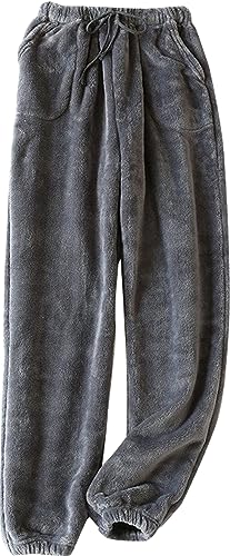 FEOYA Damne Warme Pyjamahose Lang Plüsch Flauschige Schlafanzughose Flanell Fleece Pyjama Hose Fuzzy Loungewear Haushose Grau M von FEOYA