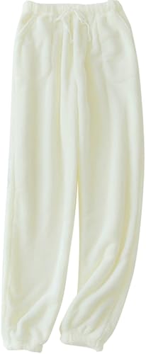 FEOYA Damne Warme Pyjamahose Lang Plüsch Flauschige Schlafanzughose Flanell Fleece Pyjama Hose Fuzzy Loungewear Haushose Weiß M von FEOYA