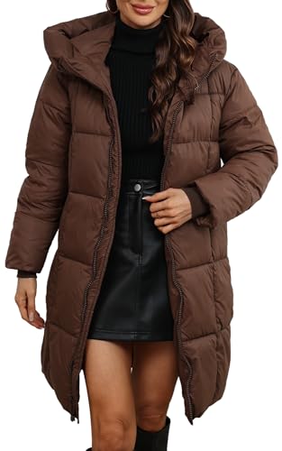 FEOYA Daunenjacke Damen Mittellang Steppmantel mit Kapuze Warme Puffermantel Winddichte Kapuzenjacke Wintermantel Braun L von FEOYA