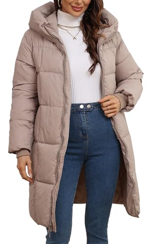 FEOYA Daunenjacke Damen Mittellang Steppmantel mit Kapuze Warme Puffermantel Winddichte Kapuzenjacke Wintermantel Khaki L von FEOYA