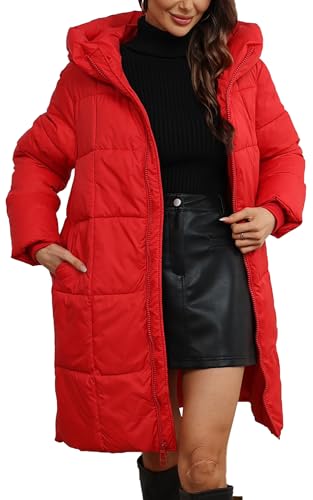 FEOYA Daunenjacke Damen Mittellang Steppmantel mit Kapuze Warme Puffermantel Winddichte Kapuzenjacke Wintermantel Rot M von FEOYA