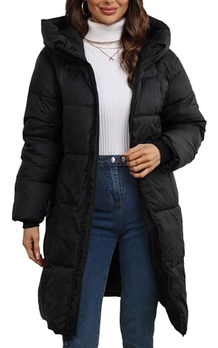FEOYA Daunenjacke Damen Mittellang Steppmantel mit Kapuze Warme Puffermantel Winddichte Kapuzenjacke Wintermantel Schwarz S von FEOYA