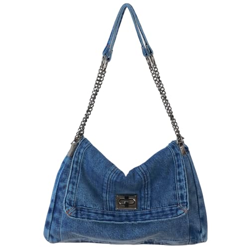 FEOYA Denim Schultertasche Damen Retro Jeans Shopper Umhängetasche Vintage Denim Hobo Tote Tasche für die Arbeit Urlaub Hochschule Blau von FEOYA