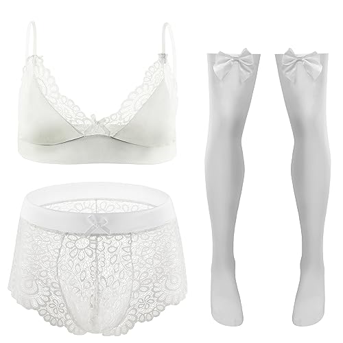FEOYA Dessous Set Herren Sexy Männer Unterwäsche 2 3 Teiliger Slip Mit Lange Strümpfe Bikini Transparenter Spitzen-BH Erotik Schlafanzug Reizwäsche Weiße 3XL von FEOYA