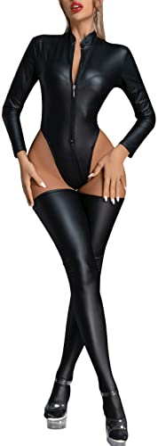 FEOYA Dessous Set Leder Jumpsuit Einteiler Dessous Sexy Bodydoll Wetlook reizwäsche glänzende Strumpfhose Lackleder Catsuit PU Erotik gogo Bodysuit Lack-Optik Overall - L von FEOYA