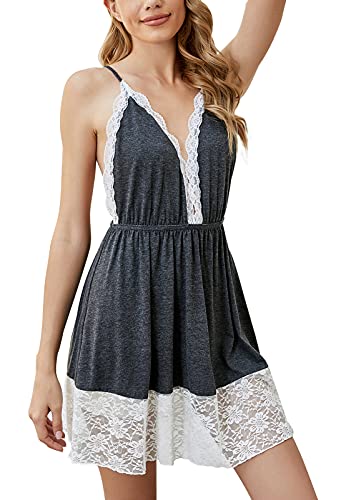 FEOYA Dessous Set Lingerie Kleid Damen Nachtwäsche Spitze Nachthemd Babydoll Nachtkleid Frauen Wäsche (XXL, Dunkelgrau) von FEOYA