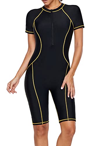FEOYA Einteiler Sport Schwimmanzug für Damen Badeanzug Figurformend Bauchweg Bademode Kurz zum Tauchen Schnorcheln UV Anzug Schutzkleidung - L von FEOYA