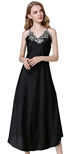 FEOYA Elegant Satin Sleepwear Einfarbig Nachthemd Damen Nachtkleid V-Ausschnitt Negligee Bequem Unterkleid Ärmellos Rückenfrei Nachtwäsche Schwarz - Größe 2XL von FEOYA