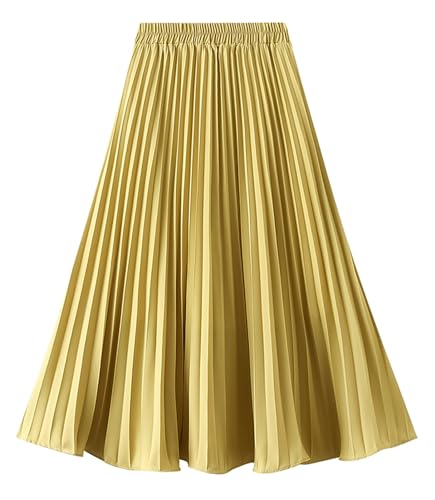 FEOYA Faltenrock Lang für Mädchen Damen Chiffon Plissee Rock Damen Mittellange Midi Faltenröcke Gelb A Linien Röcke Elastische Hohe Taille Gefaltete Rock Sommer Strandrock Festlich Rock Cocktail von FEOYA