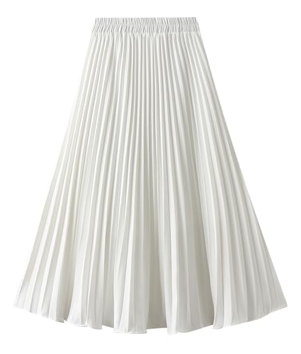 FEOYA Midi-Röcke für Damen, elastische Taille, A-Linie, Rock, hohe Taille, fließender Rock mit Pilz-Saum, einfarbig, süßer gefütterter Rock, Einheitsgröße, Party/Freizeit, Frühling/Sommer, weiß von FEOYA