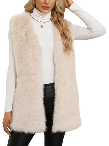 FEOYA Fellweste Damen Elegant Lang Teddy Fleece Weste Kunstpelz Weste Plüschweste Ärmellos Winterjacke Pelzweste Flauschig Cardigan Beige XL von FEOYA