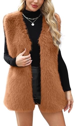FEOYA Fellweste Damen Elegant Lang Teddy Fleece Weste Kunstpelz Weste Plüschweste Ärmellos Winterjacke Pelzweste Flauschig Cardigan Braun M von FEOYA