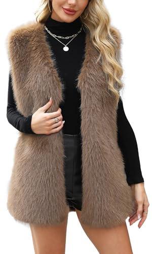 FEOYA Fellweste Damen Elegant Lang Teddy Fleece Weste Kunstpelz Weste Plüschweste Ärmellos Winterjacke Pelzweste Flauschig Cardigan Khaki L von FEOYA