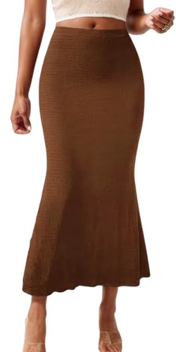 FEOYA Fischschwanz Rock Damen Lang Röcke Elegant Maxirock mit Rüschensaum Casual Freizeitrock Dehnbar Bleistiftrock Hellbraun S von FEOYA