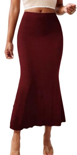 FEOYA Fischschwanz Rock Damen Lang Röcke Elegant Maxirock mit Rüschensaum Casual Freizeitrock Dehnbar Bleistiftrock Rot S von FEOYA