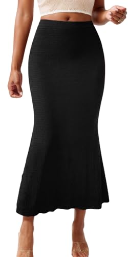 FEOYA Fischschwanz Rock Damen Lang Röcke Elegant Maxirock mit Rüschensaum Casual Freizeitrock Dehnbar Bleistiftrock Schwarz S von FEOYA