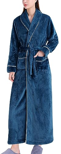 FEOYA Fleece Bademantel Damen Lang Plüsch Morgenmantel mit Schalkragen Warme Flanell Winter Robe M Grün von FEOYA