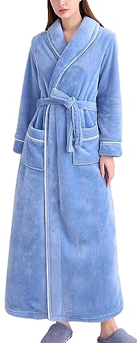 FEOYA Fleece Bademantel Damen Lang Plüsch Morgenmantel mit Schalkragen Warme Flanell Winter Robe XL Blau von FEOYA