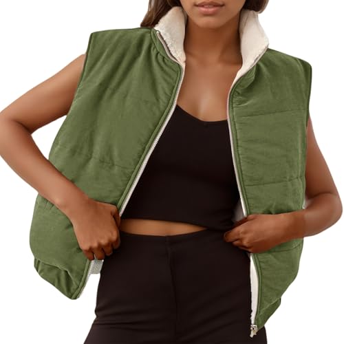 FEOYA Fleeceweste Damen Weste Plüsch Teddy Weste Armellos Herbstmantel mit Taschen Fleecejacke Reißverschluss Winterjacke S Armeegrün von FEOYA