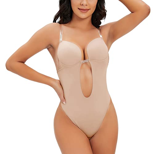 FEOYA Formende Bodys Damen Rückenfreier Body Shaper BH Rückenfreier Damen-Body Mit Tiefem V-Ausschnitt Shapewear Bodysuit Damen Body Rückenfrei BH Shaping Unterwäsche Beige 3XL von FEOYA