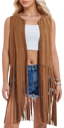 FEOYA Fransenweste Damen Cowboy Hippie Lang Outfit Boho Western Jacke 60er 70er jahre Bekleidung für Karneval Mottoparty von FEOYA