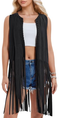FEOYA Fransenweste Damen Cowboy Hippie Lang Outfit Boho Western Jacke 60er 70er jahre Bekleidung für Karneval Mottoparty von FEOYA