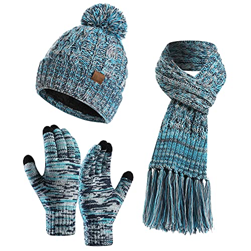 FEOYA Frauen Beanie Mütze Quaste Schal Touchscreen Handschuhe Set für Herbst Winter und Frühling Dickes Plüsch Gefüttert Knit Pompon Skull Cap Neckwarmer Fäustlinge, türkis, Einheitsgröße von FEOYA