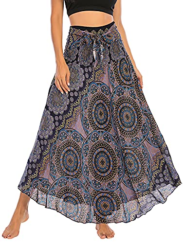 FEOYA Frauen Bohemien Maxirock Bodenlang Strand Kleid Rock A-Linien Strandrock Urlaub Ethnischer Stil Gedruckter Lang Rock von FEOYA