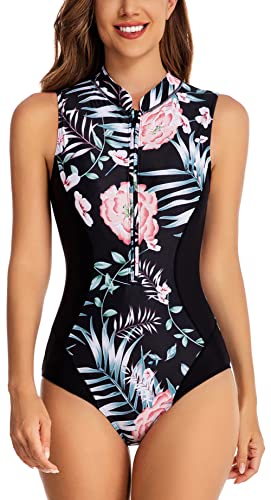 FEOYA Frauen Floral Gedruckt Rash Guard Ärmellos Einteiliger Badeanzug Sonnenschutz Surfen Bademode Reißverschluss Front Wetsuit Schwimmen Kostüm Zip Up Badeanzug Schwarz XL von FEOYA
