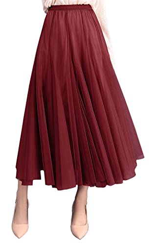 FEOYA Frauen Lange Chiffon Röcke Einfarbig Elastische Hohe Taille Rock Kleid, weinrot, Einheitsgröße von FEOYA