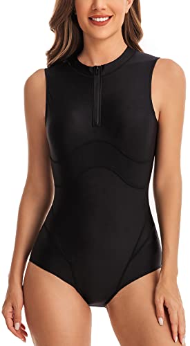 FEOYA Frauen Rash Guard Ärmellos Einteiliger Badeanzug Sonnenschutz Surfen Bademode Zip Front Wetsuit Badeanzug Neoprenanzug Athletische Surf Bademode Badeanzug Schwarz L von FEOYA