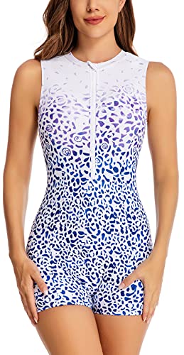 FEOYA Frauen Rash Guard Ärmellos Einteiliger Badeanzug Sonnenschutz Surfen Bademode Zip Front Wetsuit Schwimmen Kostüm Zip Up Badeanzug Surfen Rash Guard Shirt Blau XL von FEOYA