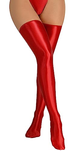 FEOYA Frauen Sexy Glänzende Seide Damen Socken Strumpfhosen Rutschig Ledersocken Hochelastische Oberschenkel Ledersocken Nylon Sockenhalter 1 Paar Rot Einheitsgröße von FEOYA